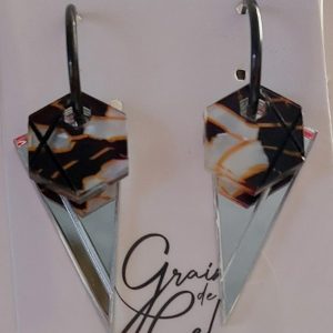 Créoles éphémères / Marbré noir blanc - miroir argenté