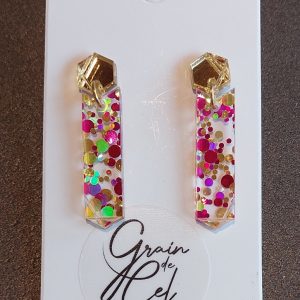 Boucles d'oreilles MIDI/ Miroir doré-Confettis roses et dorés