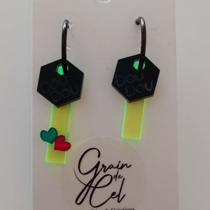 Créoles éphémères / Jaune fluo - noir mat Doudou blacklight + petits coeurs